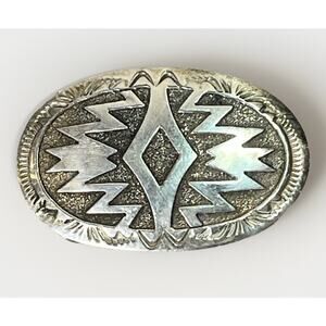 Old Pawn Navajo Sterling Silver Zig Zag Stampwork Belt Buckle w Cross Hallmark
